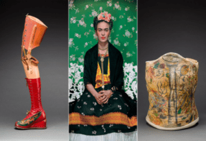 Frida Kahlo, center, in 1938. Left: her prosthetic leg with leather boot. Right: plaster corset painted by Frida Kahlo. © Diego Riviera and Frida Kahlo Archives, Banco de México; Nickolas Muray © The Jacques and Natasha Gelman Collection of 20th Century Mexican Art | Image source: theguardian.com