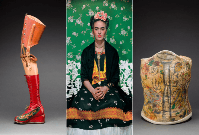 Frida Kahlo, center, in 1938. Left: her prosthetic leg with leather boot. Right: plaster corset painted by Frida Kahlo. © Diego Riviera and Frida Kahlo Archives, Banco de México; Nickolas Muray © The Jacques and Natasha Gelman Collection of 20th Century Mexican Art | Image source: theguardian.com