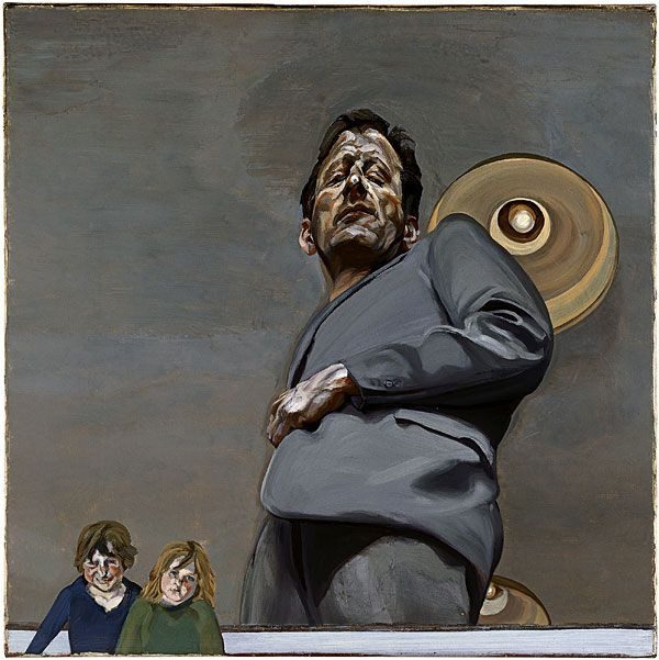 Lucian's self portrait, showing him standing over the observer, as though looking down at them.