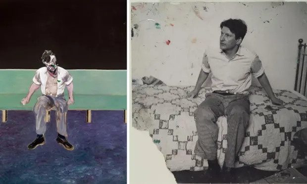 Francis Bacon’s 1964 portrait of Lucian Freud was based on a photograph, right, taken by their mutual friend John Deakin.