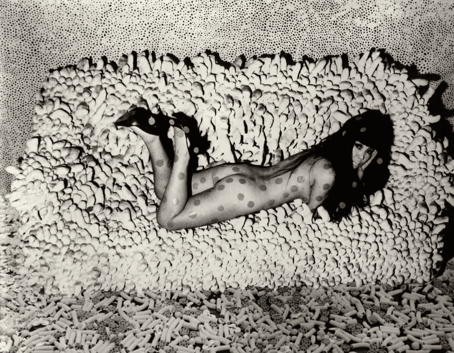 “Untitled” (Kusama reclining on Accumulation no. 2) by Yayoi Kusama, c. 1966, via Twitter | Source: thecollector.com 