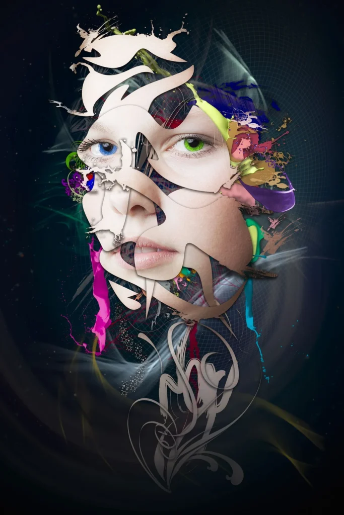 A woman's face is framed by vibrant, swirling colors, creating a dynamic and artistic visual effect.