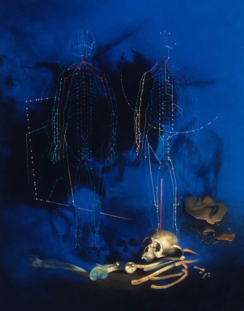 A painting depicting a skeleton alongside another skeleton with visible bones, showcasing a macabre artistic theme.