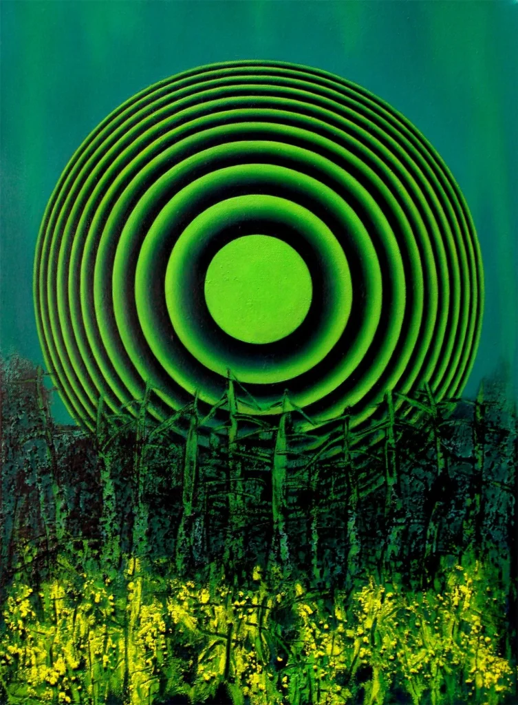 A painting featuring green circles set against a solid green background, creating a harmonious and abstract composition.