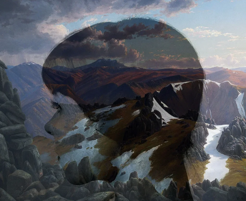 A man's head is depicted with a majestic mountain range in the background, highlighting the natural landscape.