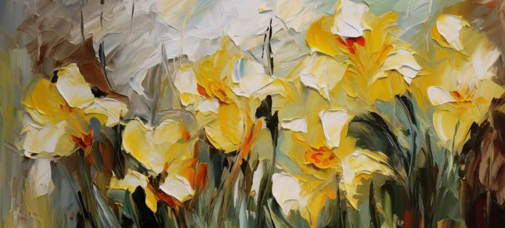 Oil painting featuring vibrant yellow and white flowers against a soft background.