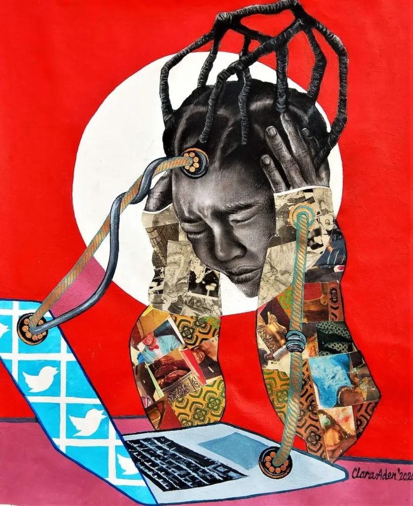 A painting depicting a woman with a laptop, featuring a spider perched on her head.