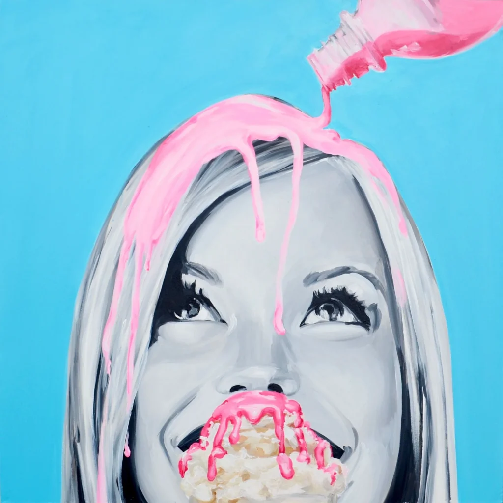 A painting of a woman with pink paint dripping down her face, conveying emotion and artistic expression.