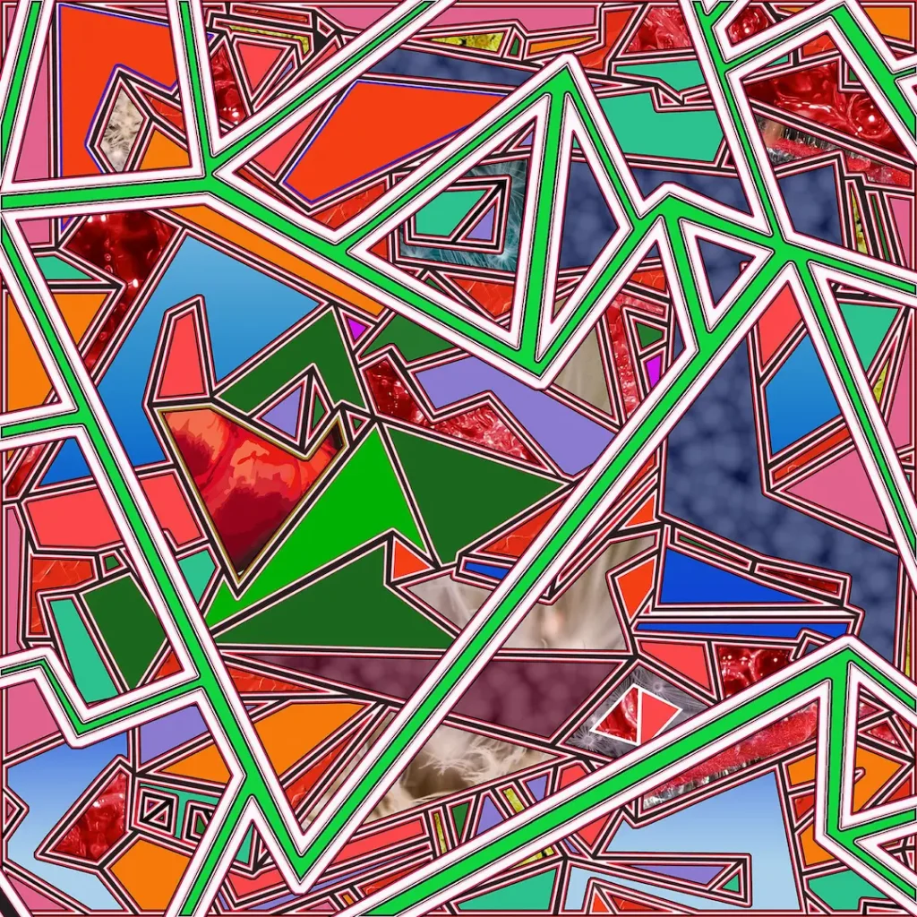 Abstract art featuring vibrant shapes and lines in a dynamic composition of colors.