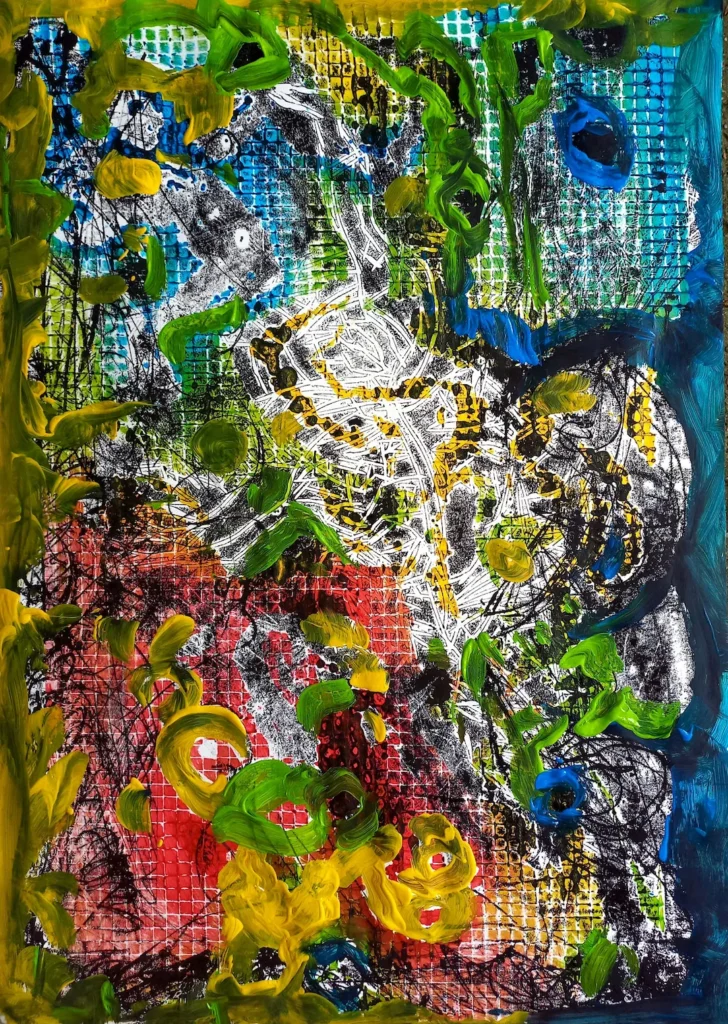 An abstract painting featuring vibrant colors and dynamic brushstrokes creating a lively visual experience.