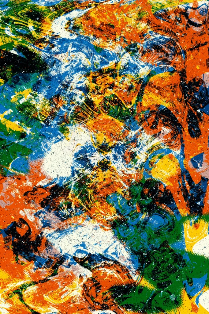 A colorful abstract painting showcasing a blend of hues and textures, evoking a sense of movement and creativity.