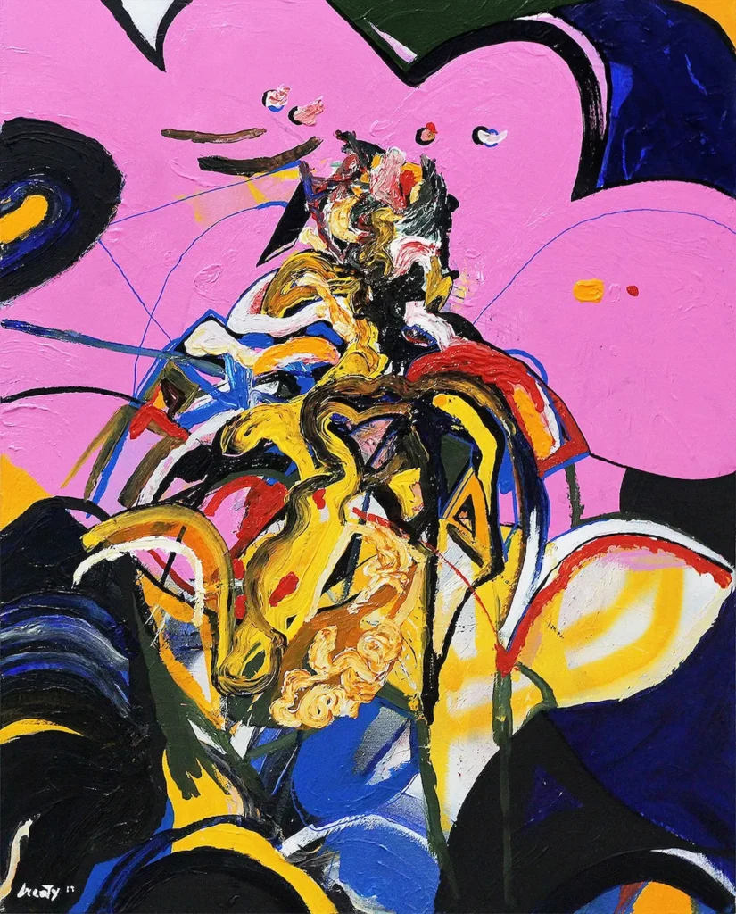 A painting featuring a vibrant background of yellow, pink, and black colors blending together artistically.