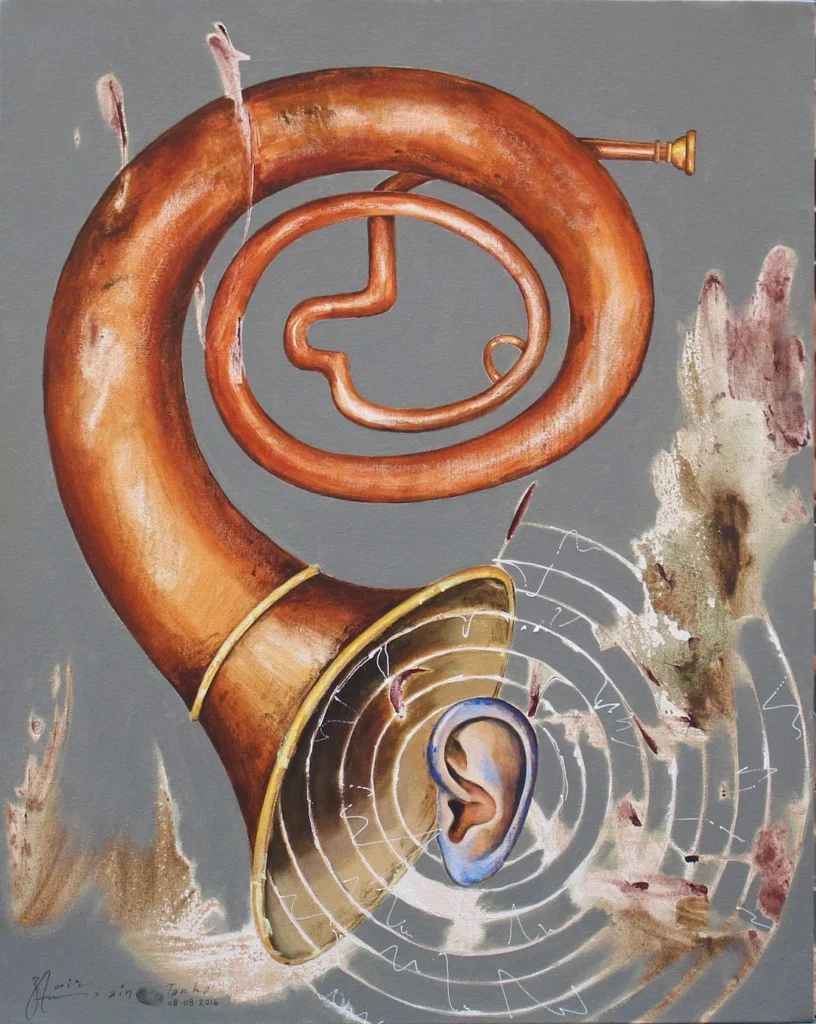 A painting depicting a brass horn with a noticeable hole, showcasing its unique texture and color.