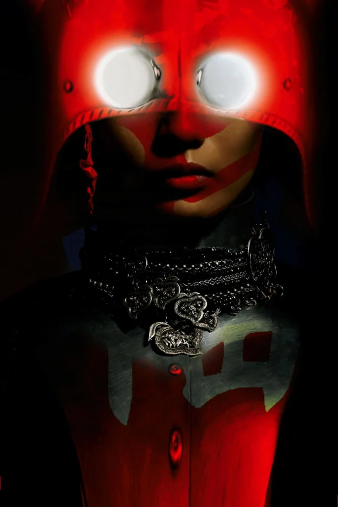 A woman wearing a red mask and a red hood, with a serious expression, standing against a neutral background.
