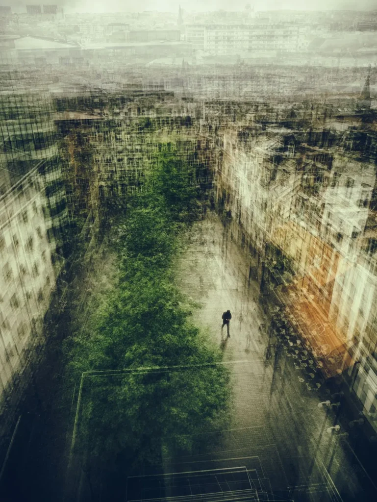 A man walks through a city street with a tree visible in the background.