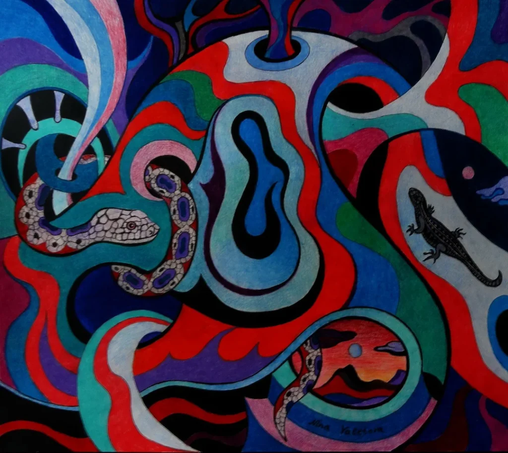 A painting featuring a snake intertwined with a snake head, showcasing vibrant colors and intricate details.