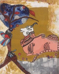 A stylized, colorful painting shows a pink, patterned cow with a horn reclining near a blue and red tree. A small bird and flowers decorate the ground beneath them on a golden yellow and gray background.