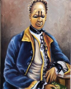 A painted portrait of a person with traditional facial markings, wearing a blue and yellow coat, sitting with hands in chains and holding a green book against a neutral background.