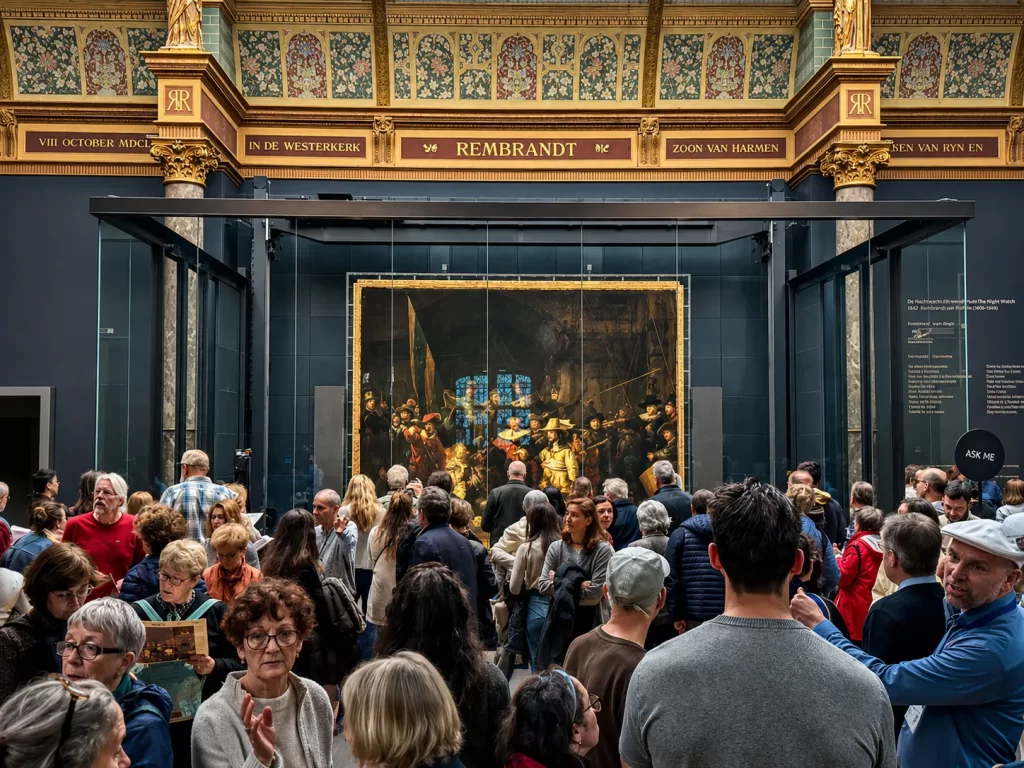 Crowd viewing Rembrandt's The Night Watch at the Rijksmuseum